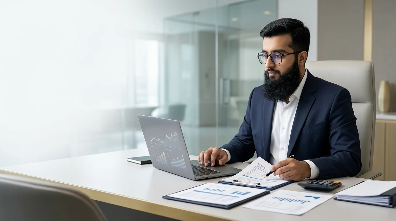 Mufaddal Shamsheer Ali reviewing financial reports at his desk